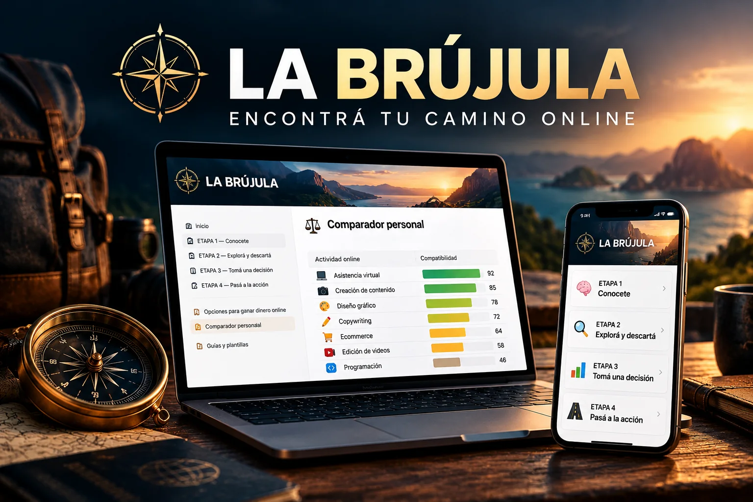 Presentación visual de La Brújula en computadora y celular